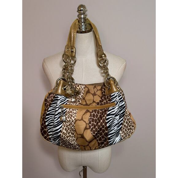 Kathy Van Zeeland Animal Print Abstract Shoulder Bag Purse Lucky Dice Charm Y2K - Picture 1 of 16